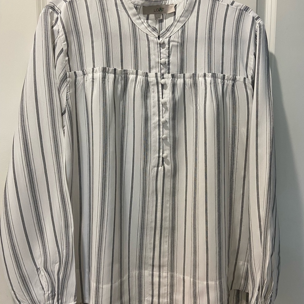 LOFT Black & White Vertical-Stripe Button-Front Blouse